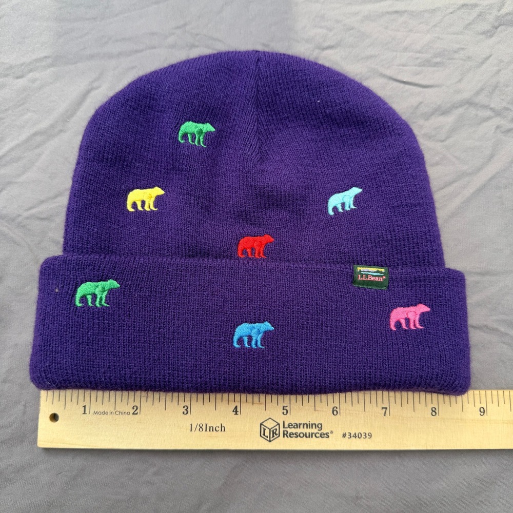 L.L.Bean Purple Polar Bear Embroidered Knit Beanie Hat One Size Multicolor Cuff - Picture 6 of 6